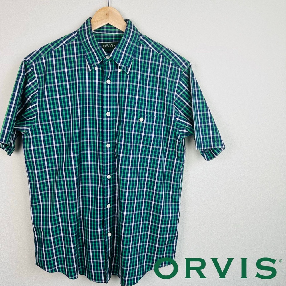 Orvis Mens Green Blue Plaid Short Sleeve Button Down‎ Shirt Size L 100% Cotton